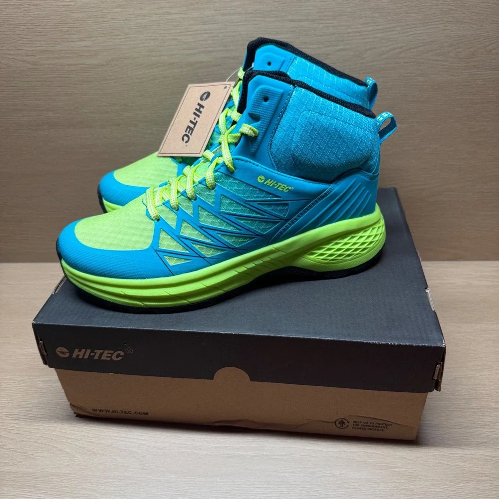 Hi-Tec Demolisher Mid Mens Hiking Boots Size 8.5 Scuba Blue Lime Neon Trail